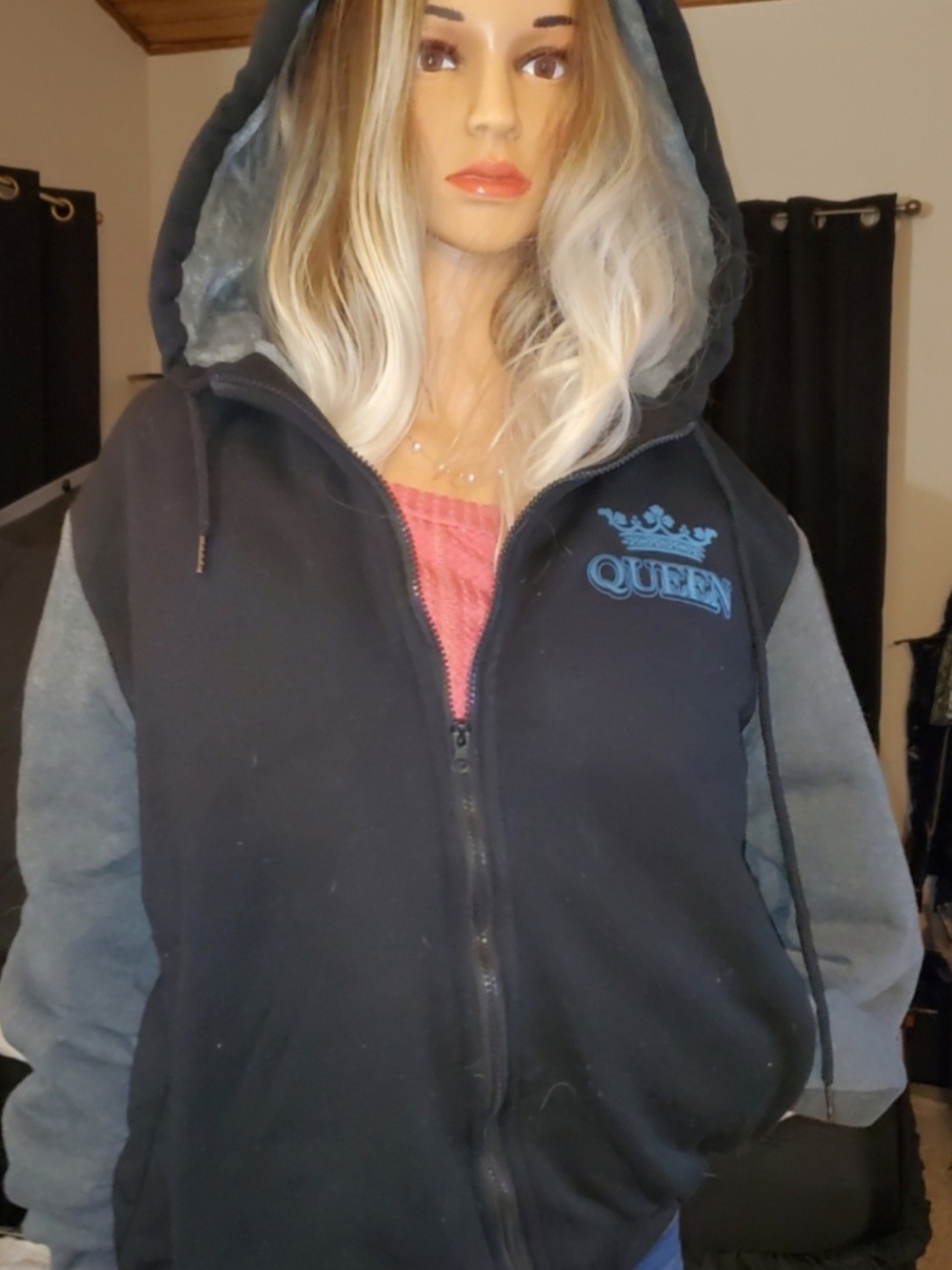 Queen Black and Gray Hooded Zip-Up Bomber Jacket
